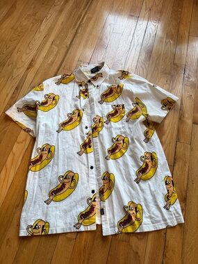 Lazy Oaf White Short-Sleeve Button-Down with Yellow Hot Dog Print